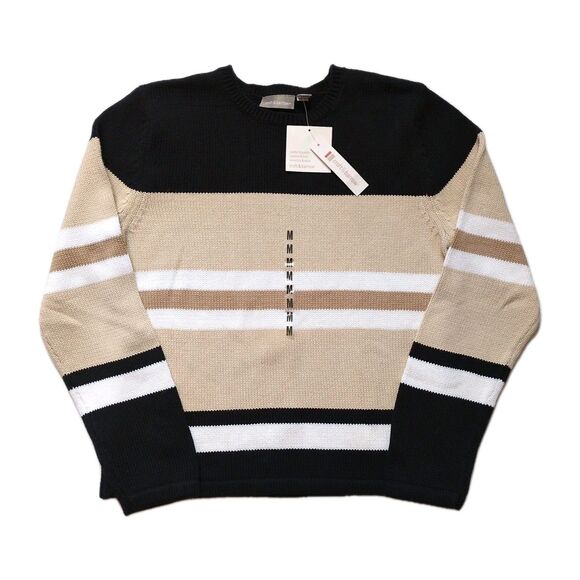 Croft & Barrow 100% Cotton Chunky Knit Striped Sweater Black Tan White Womens M - Picture 1 of 9